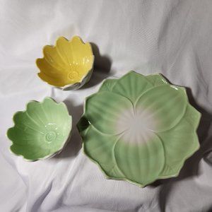 Lotus Dessert Plate Green & White Milk Glass Fire King 8" and two matching bowls